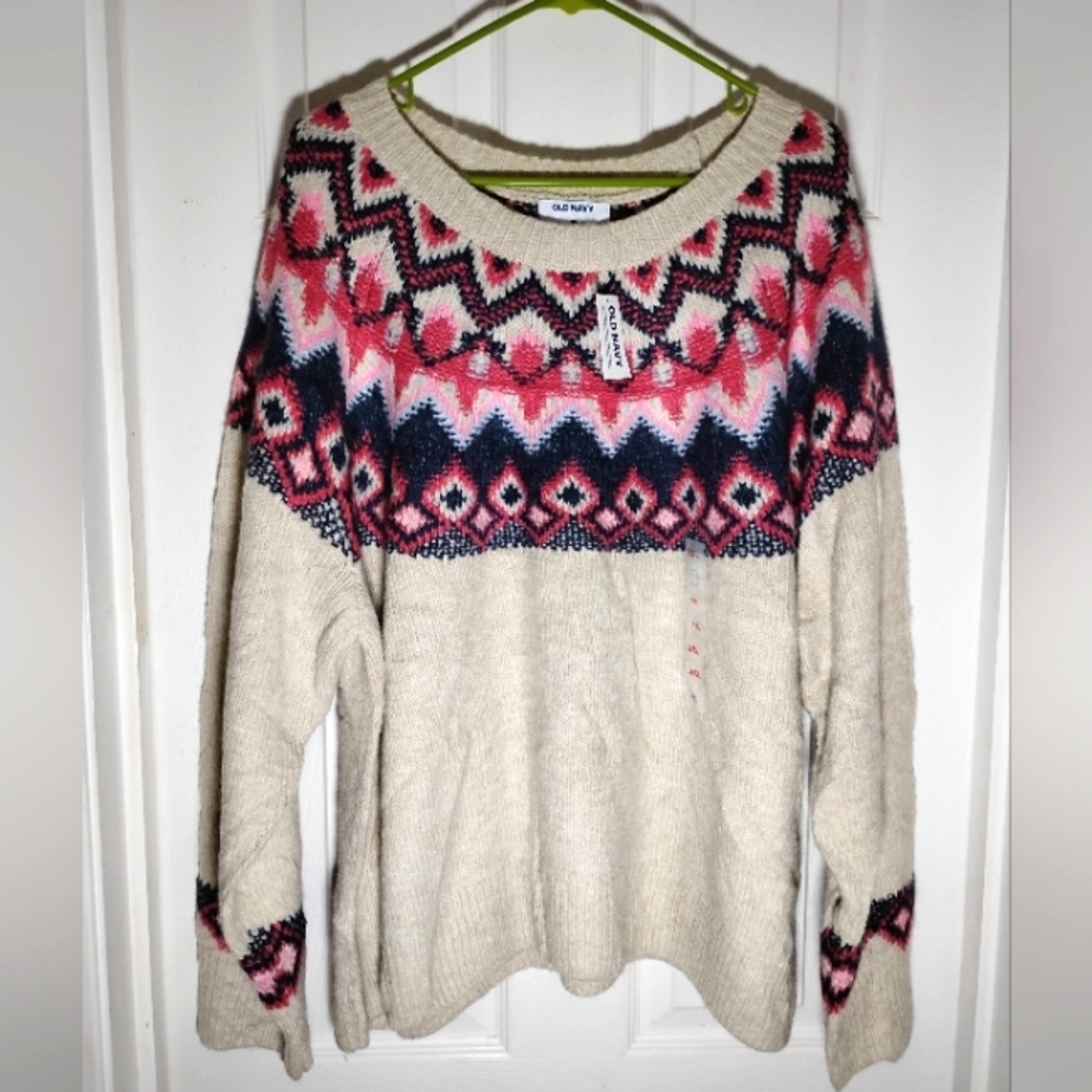 Fair Isle Wool Blend Sweater Old Navy Festive Craft Natural Women's XXL